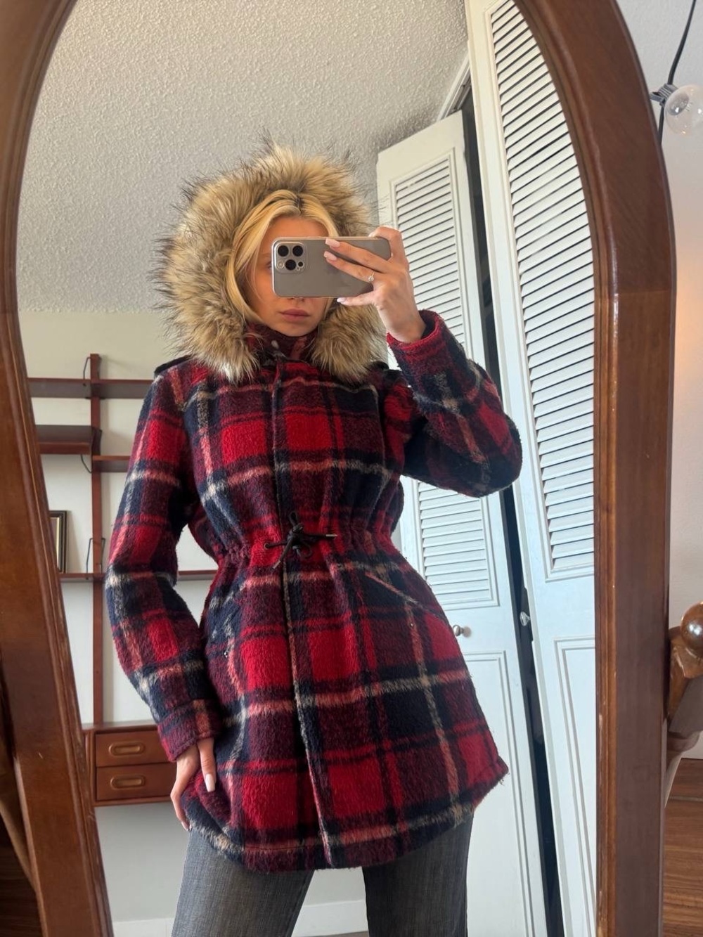 American Eagle Plaid Hooded Coat in Red & Blue